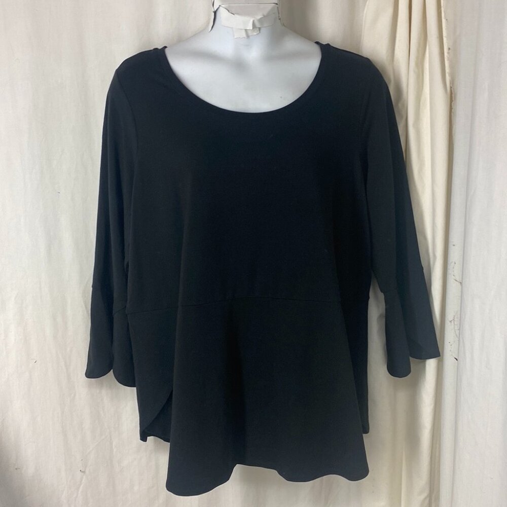 Isaac Mizrahi Live!  2X Black Knit Peplum Top Tunic Tulip Hem Sleeve Detail